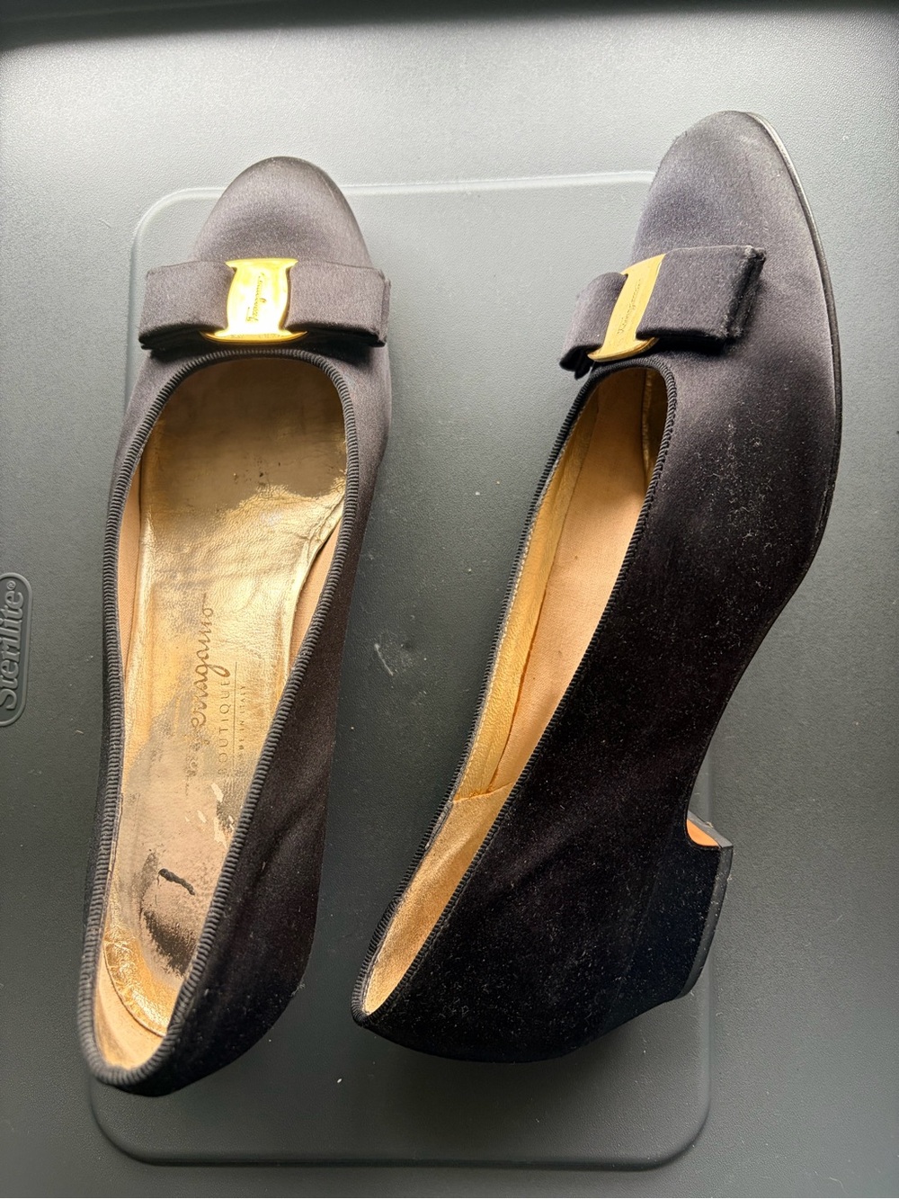 Salvatore Ferragamo Black Velvet Vara Bow Flats with Gold Logo